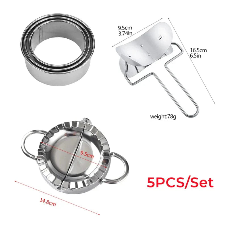 Set med 5 stycken dumplingsformar i rostfritt stål, kinesisk Shuijiao-makare, empanadas, metallverktyg för degpressning, köksredskap för bakverk, dumplingsformset.