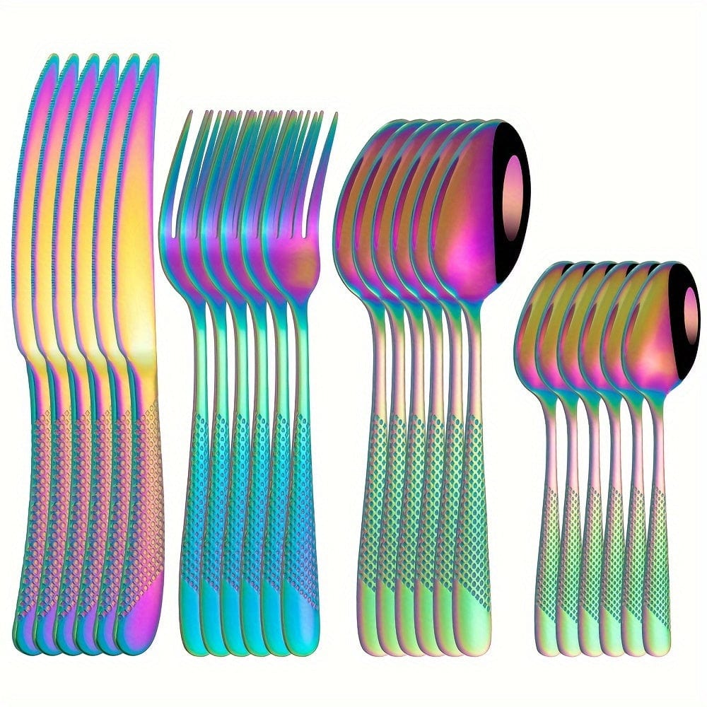 Set med Stjärngafflar i Rostfritt Stål 24st - Stekkniv, Gaffel, Bordssked, Dessertsked - För Färgglada Hotell och Restauranger