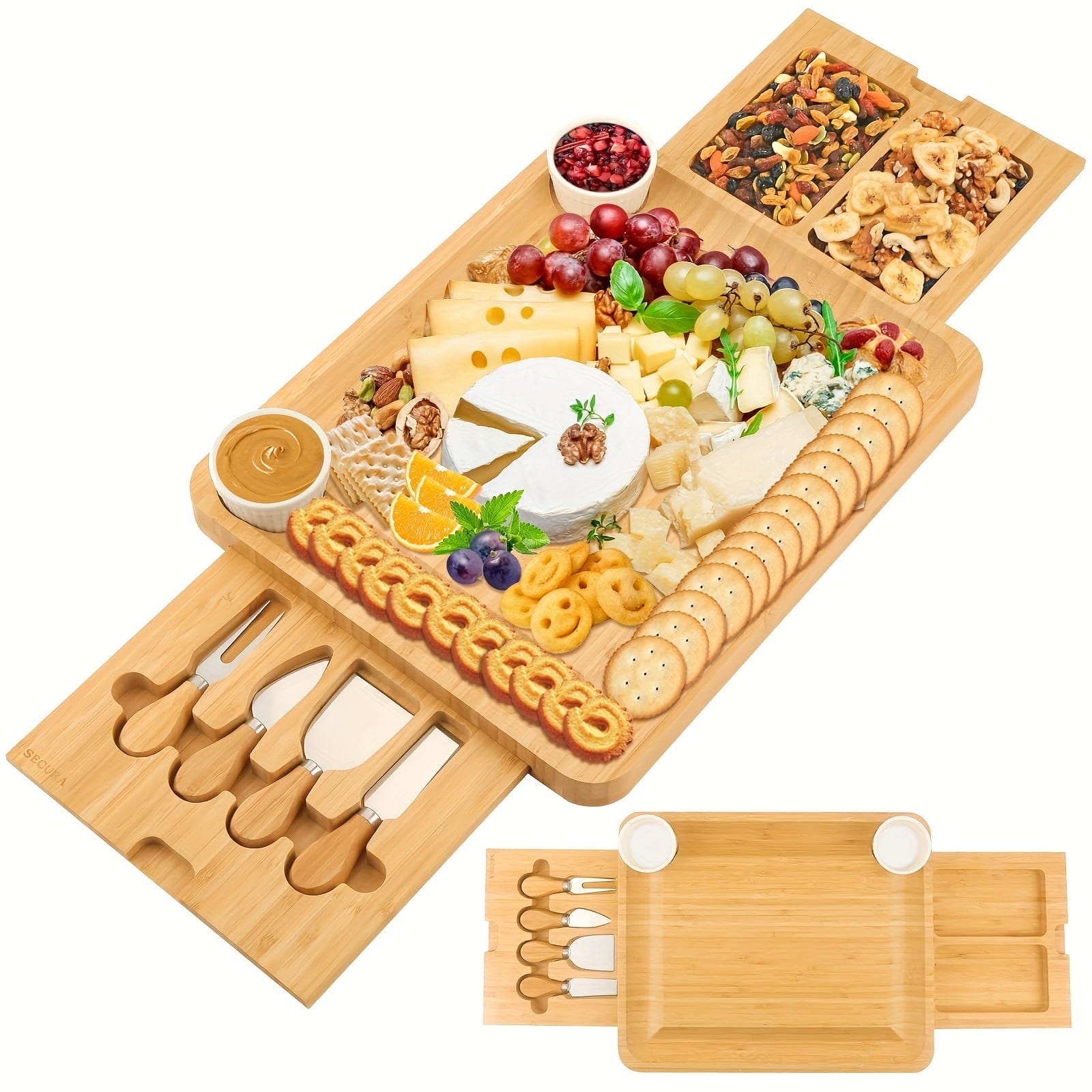 Bamboo ostbricka med kniv och keramikskålar - Presentset 优 - FN63926 Beige