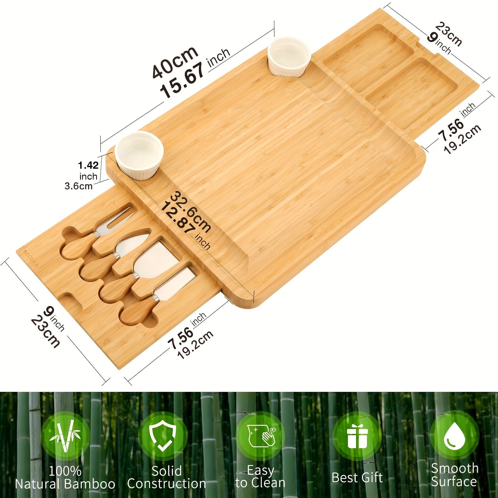 Bamboo ostbricka med kniv och keramikskålar - Presentset 优 - FN63926 Beige