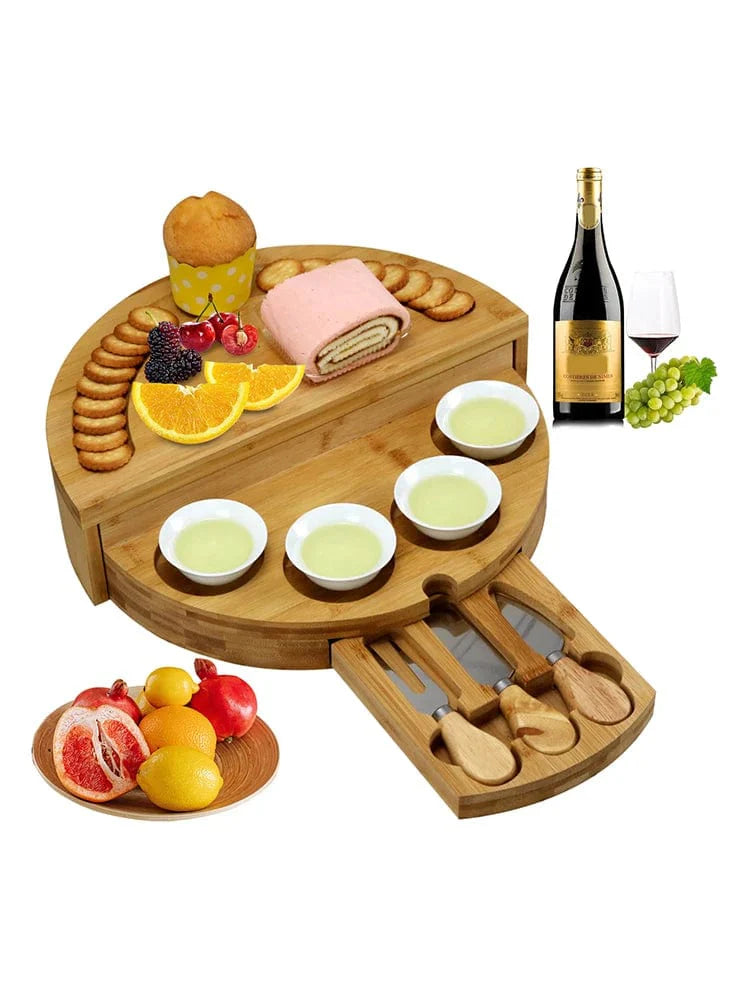 Bambuskäse- och charkbricka med inbyggd låda