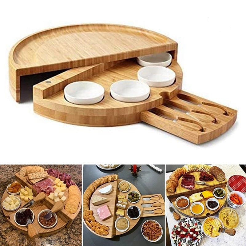 Bambuskäse- och charkbricka med inbyggd låda