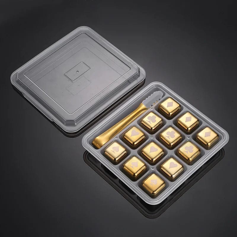 12 Återanvändbara Inox Isbitar i Tärningsform - Guld - Poker-mönster