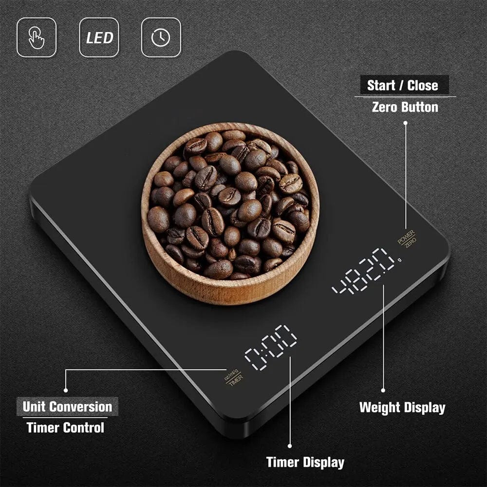 Digital kaffeekvikt med timer, LED-skärm, Espresso, USB, 3 kg max. Vikt 0,1 g precision i Oz/ml/g KINA / 3 kg / svart