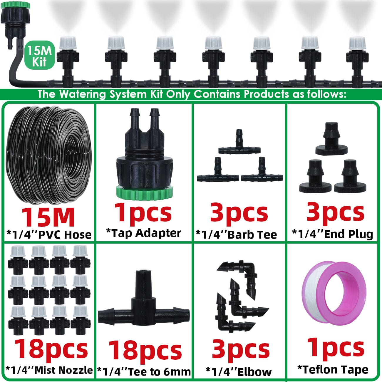 Utomhus dimspruta: Professionellt bevattningskit 15 meter - 47 munstycken och komponenter