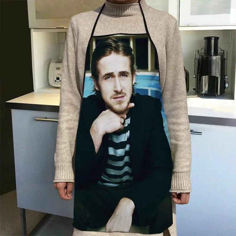 Skräddarsydd Ryan Gosling köksförkläde för middagspartyn, bakningstillbehör för vuxna, vattentåligt tyg, tryckta rengöringsverktyg 19 / 68x95cm