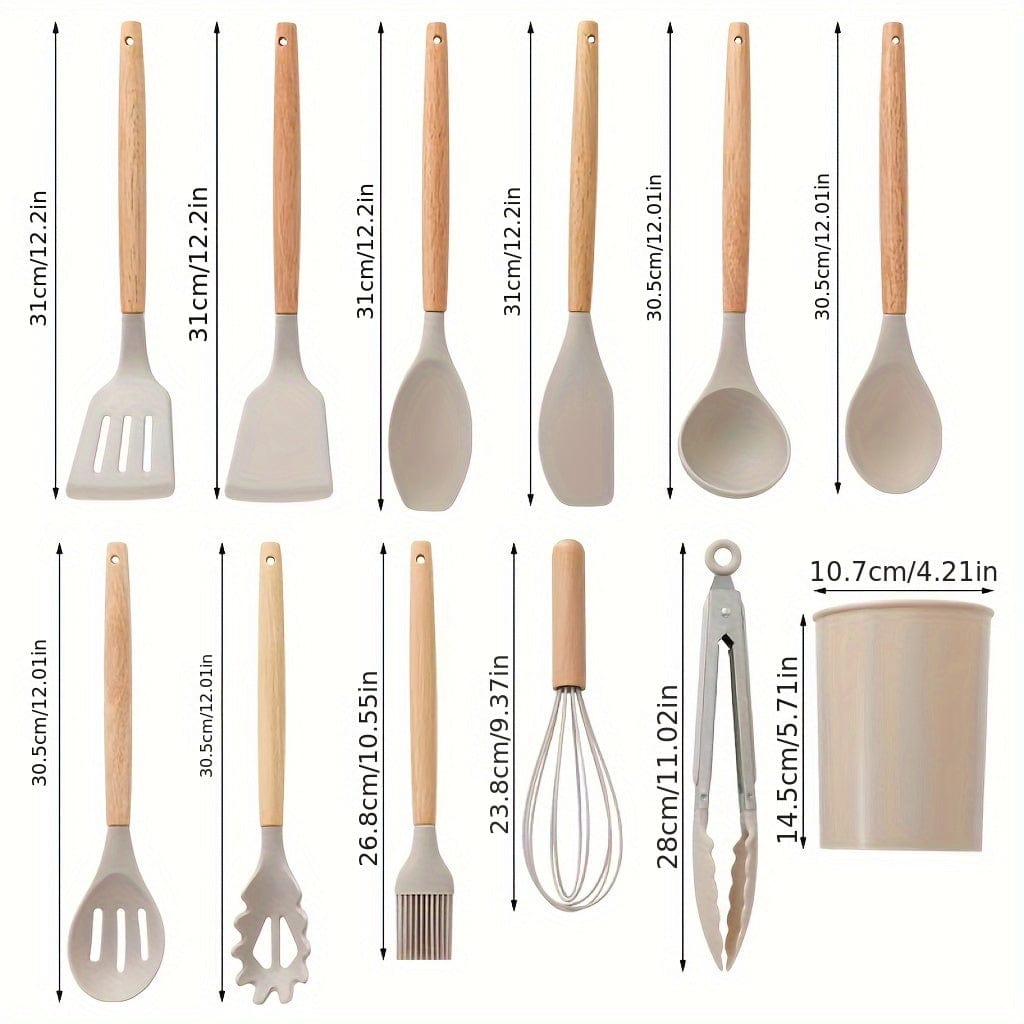 Set med Beige Silikon Kökstillbehör med Trähandtag - Paket med 12, Säkra Köksredskap, Non-Stick, Tvättbara - Kökstillbehör, Köksgadgets