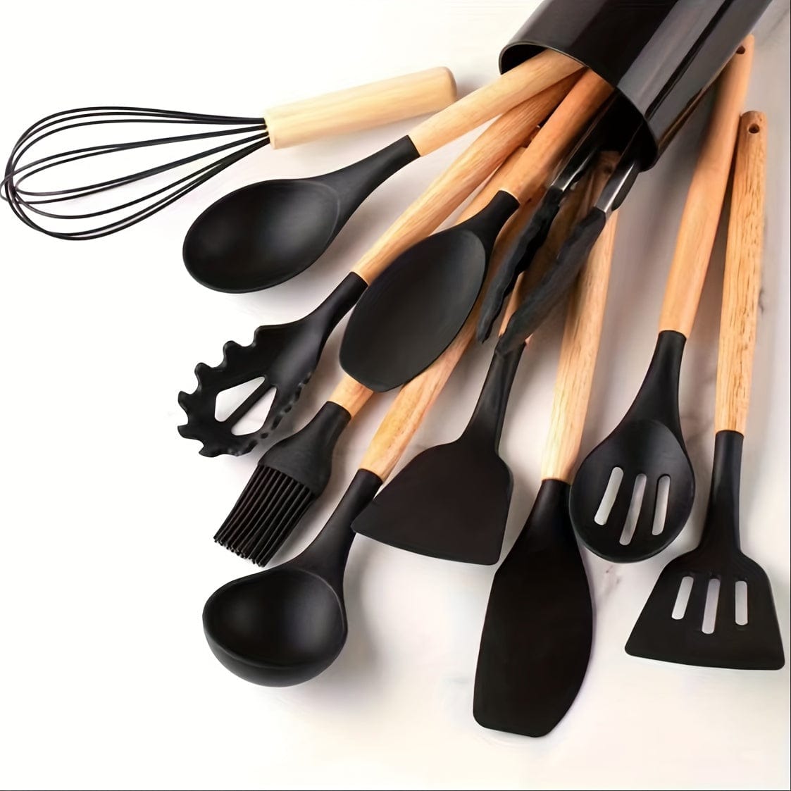Köksutensilier i beige silikon med trähandtag - set med 12, säkra köksredskap, non-stick, tvättbara - köksaccessoarer, köksgadgets Black