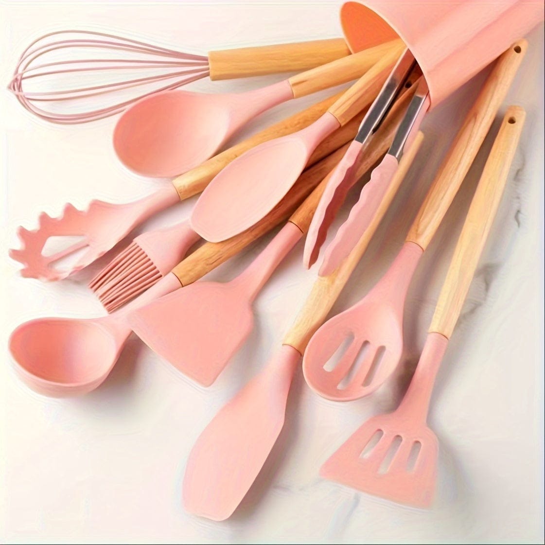 Set med beige silikon köksredskap med trähandtag - 12-delars set, säkra köksredskap, non-stick, tvättbara - köksaccessoarer, köksgadgets Pink