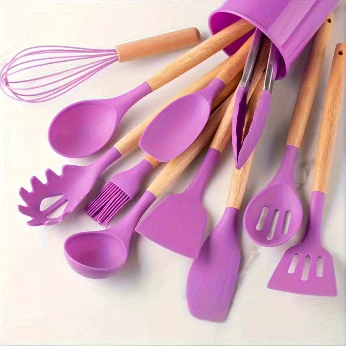 Beige Köksredskap i Silikon med Trähandtag - Set om 12, Säkra, Non-stick, Tvättbara Köksredskap - Kökstillbehör, Köksgadgets Purple