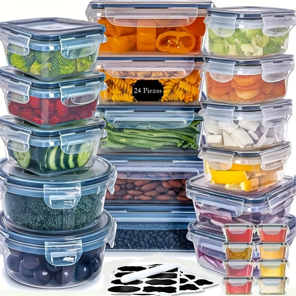 Set med 24 Förvaringslådor för Köket - Täta, Mikrovågsugnssäkra, Etiketter & Penna Inkluderad lunchbox 24pcs-set