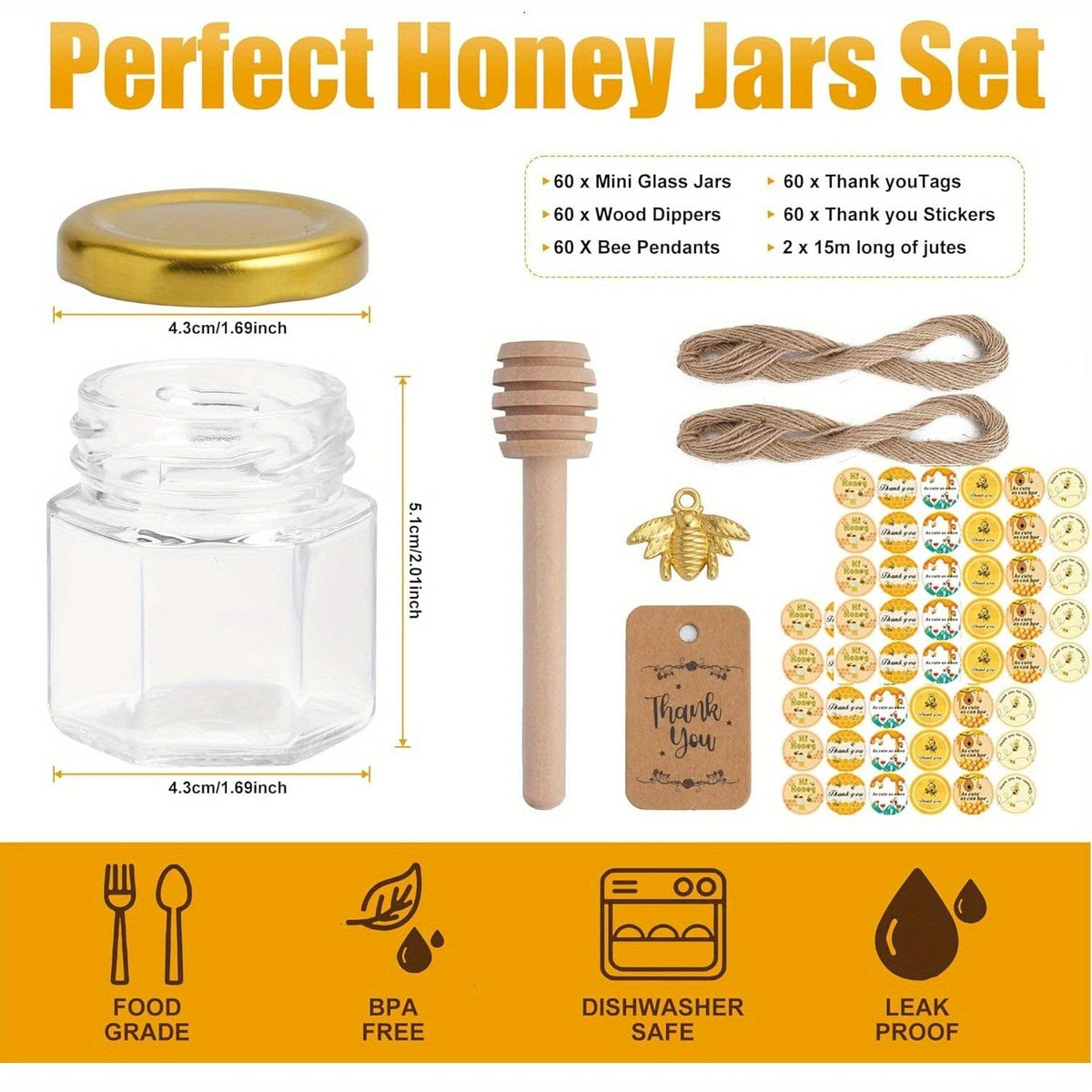 Set med 60 hexagonala glasburkar 1.5oz med gyllene lock - Baby Shower, Bröllop, Gåvor och Favors 60st