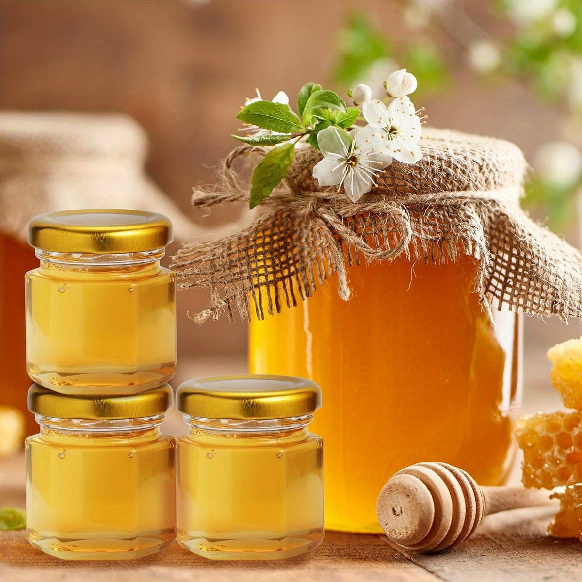 Set med 60 hexagonala glasburkar 1.5oz med gyllene lock - Baby Shower, Bröllop, Gåvor och Favors 60st