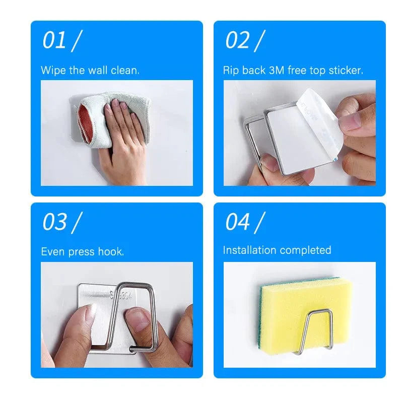 Hållare för svamp och diskmedel, självhäftande diskho, torkställningar i rostfritt stål för väggförvaring vid diskho, krokar.