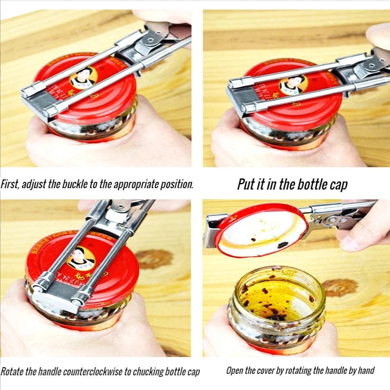 Justerbar öppnare i rostfritt stål med halkskydd - Multifunktionell köksaccessoar för burkar och flaskor