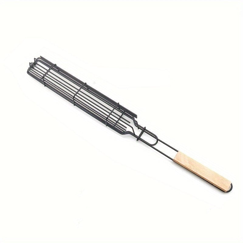 Kebab-grillkorg i non-stick rostfritt stål - För hotdogs, korvar - Portabel och praktisk BBQ i träfärg