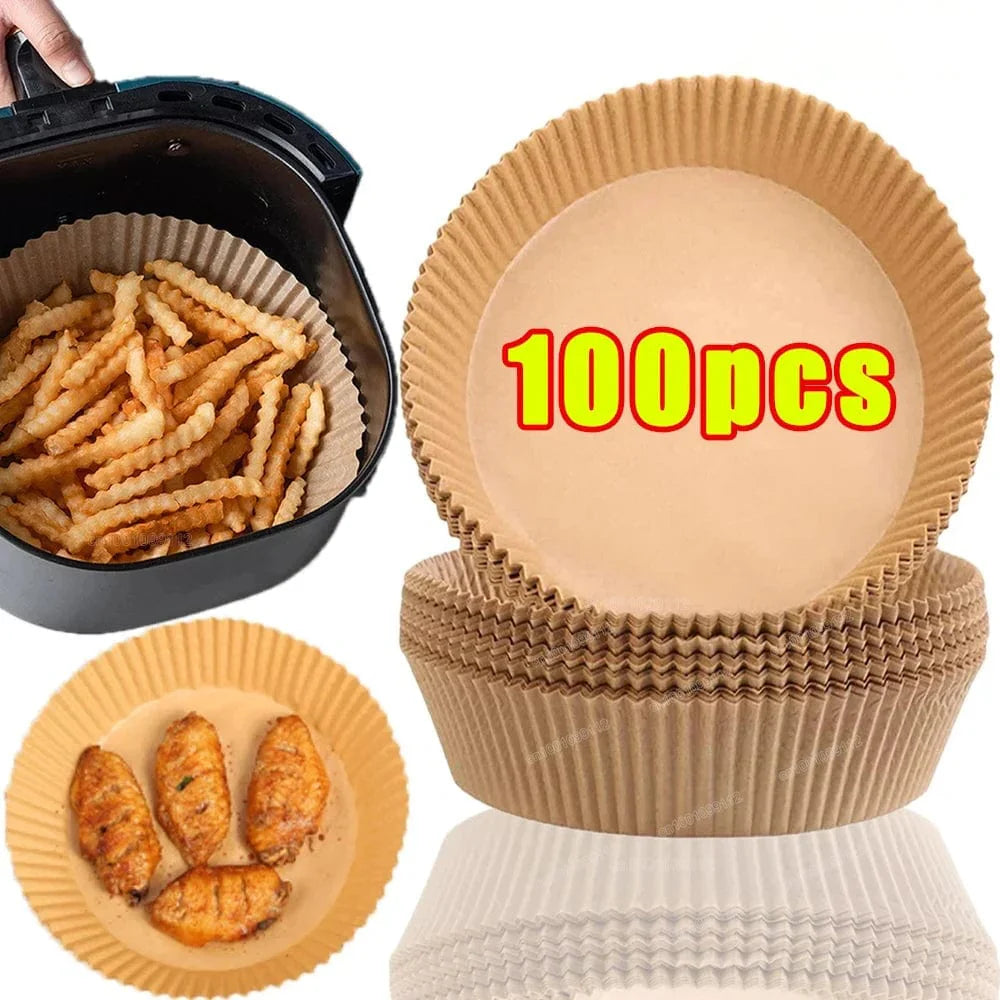 Air Fryer Bakpapper, 100/50 Stycken, 16 cm, Runda, Vita/Bruna: Ekovänliga Kökstillbehör