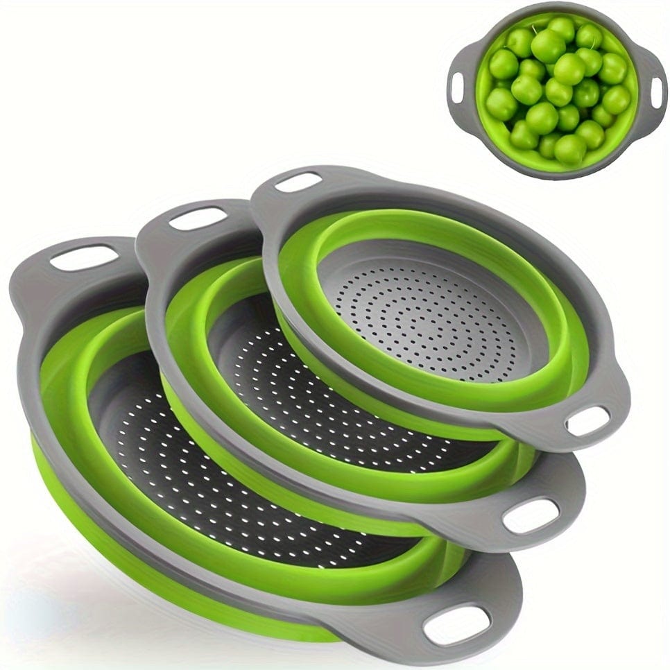 Fällbar Silikon Sila för att Sila Pasta och Frukt - Set om 2 - Grön / Röd / Blå