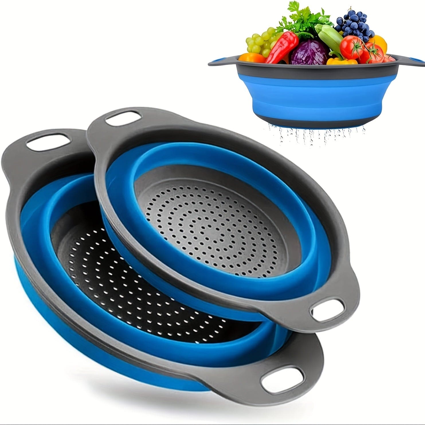 Fällbar Silikon Sila för att Sila Pasta och Frukt - Set om 2 - Grön / Röd / Blå