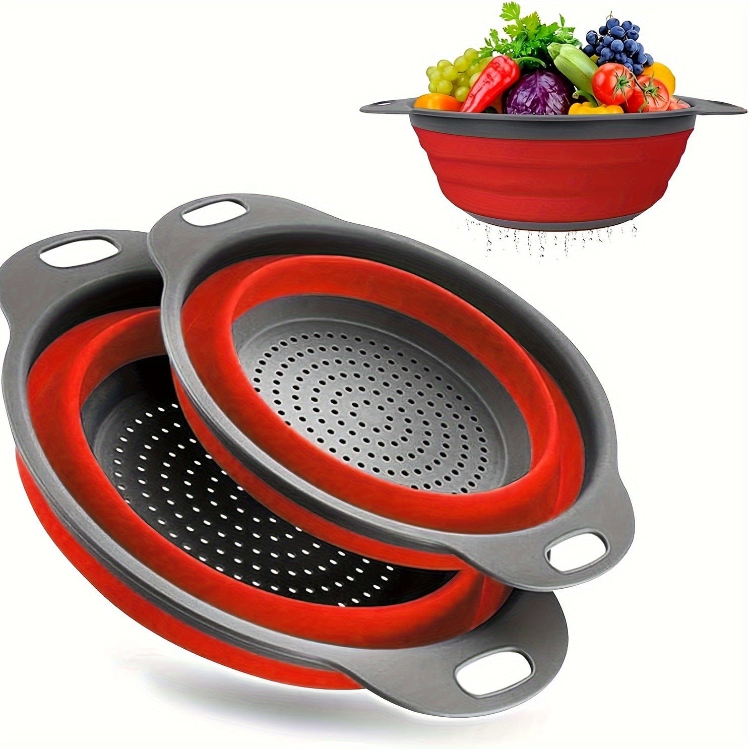 Fällbar Silikon Sila för att Sila Pasta och Frukt - Set om 2 - Grön / Röd / Blå