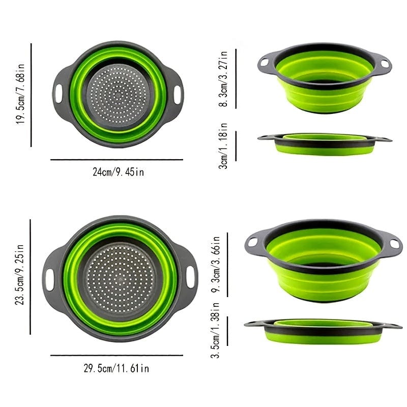 Fällbar Silikon Sila för att Sila Pasta och Frukt - Set om 2 - Grön / Röd / Blå