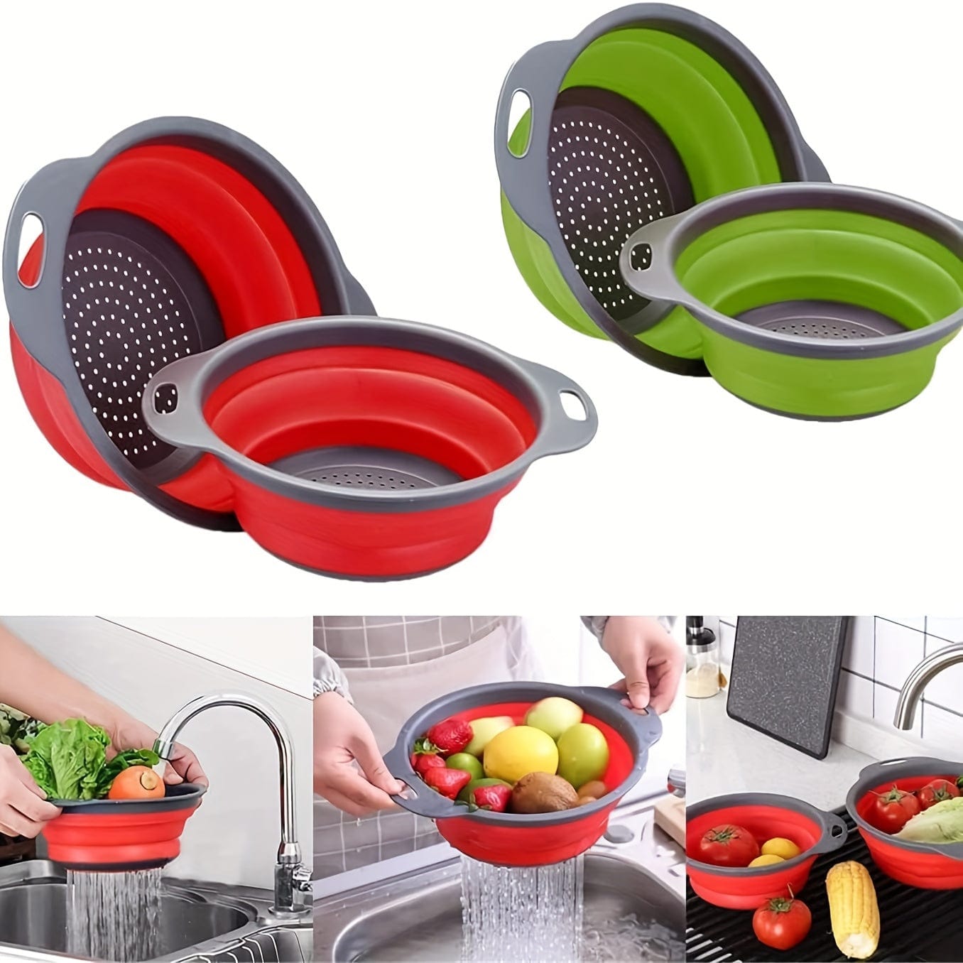 Fällbar Silikon Sila för att Sila Pasta och Frukt - Set om 2 - Grön / Röd / Blå