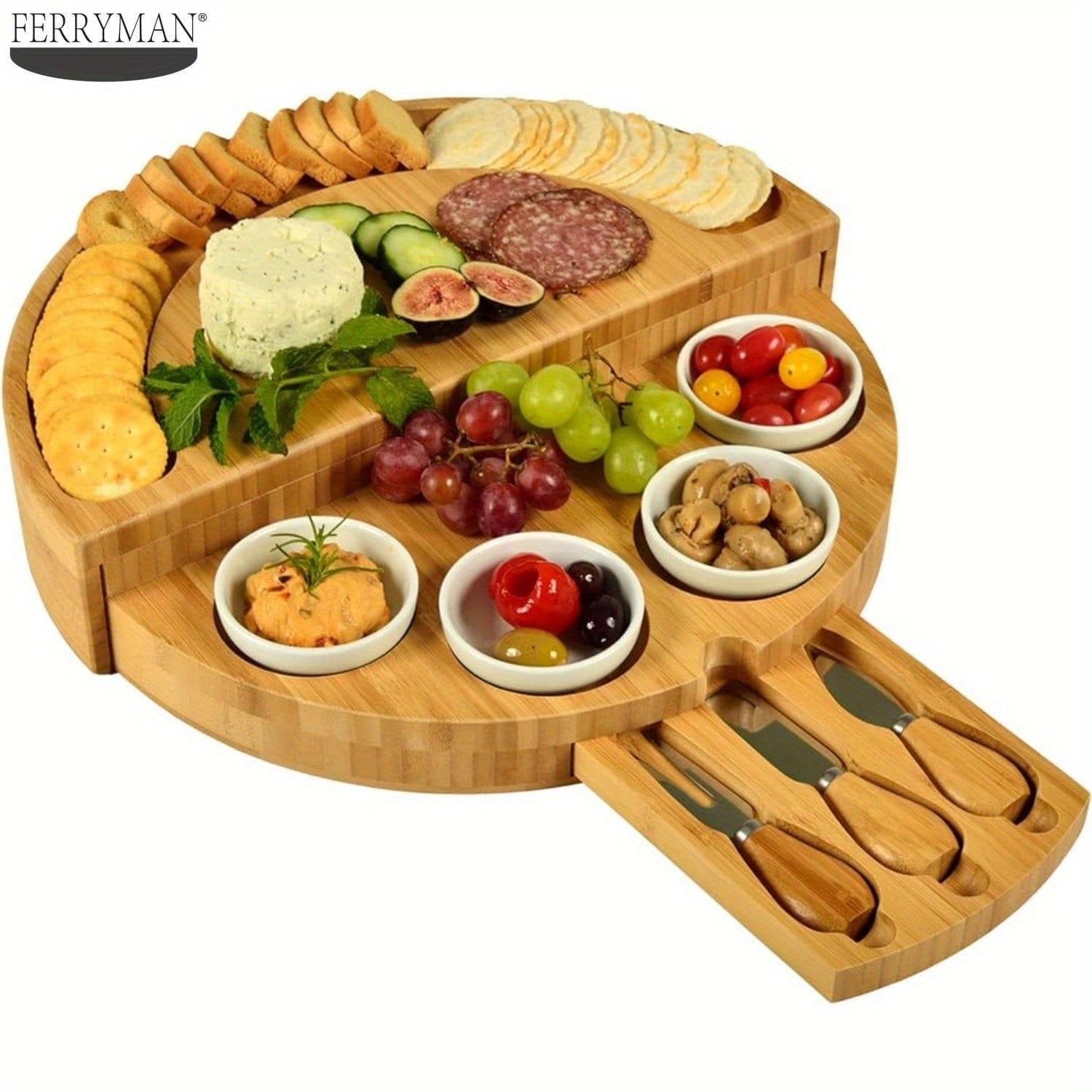 Ostronbräda i trä med kniv och gaffel, perfekt för hemmakök.