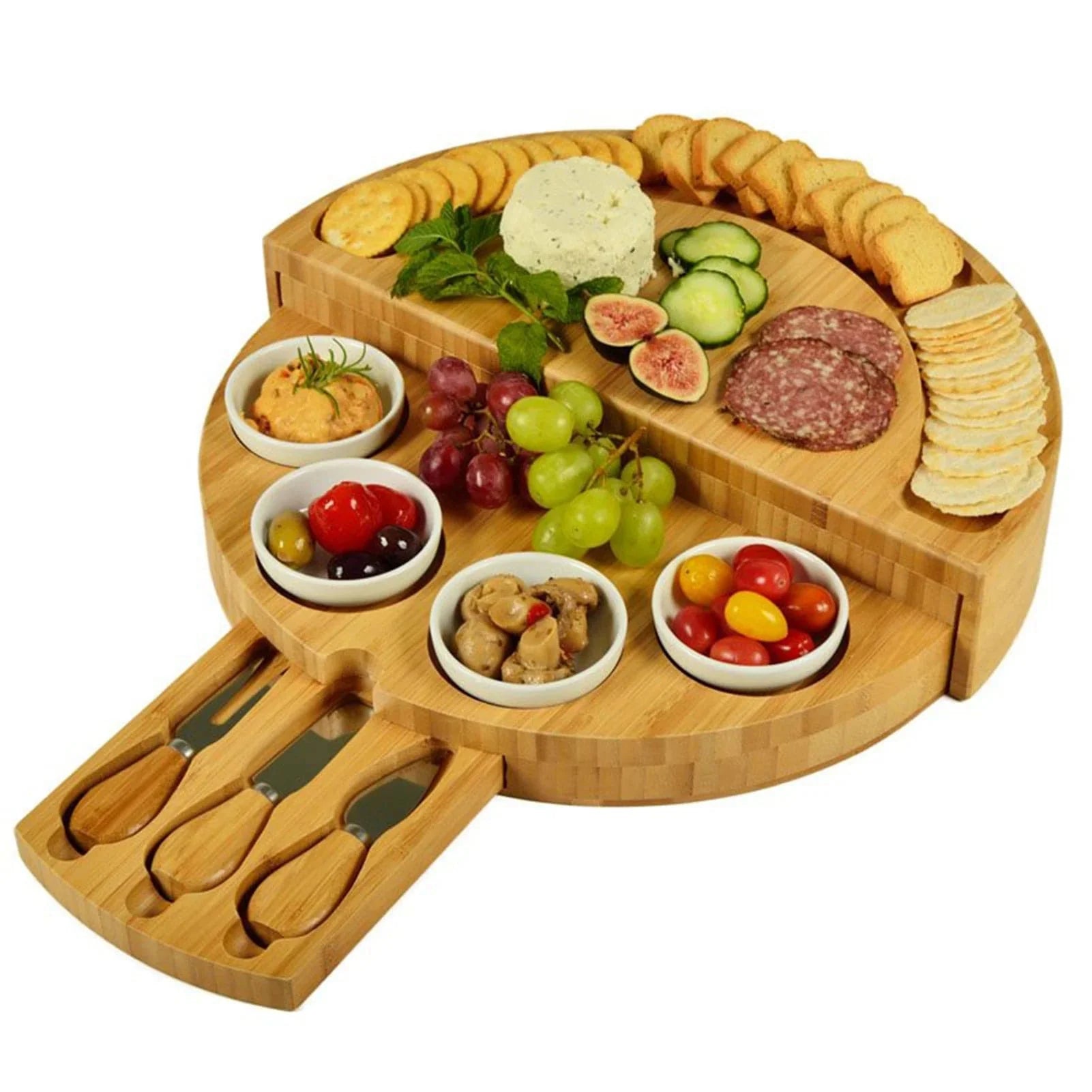 Bambuskäse- och charkbricka med inbyggd låda