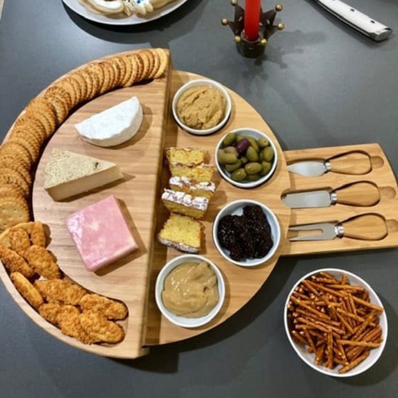 Bambuskäse- och charkbricka med inbyggd låda