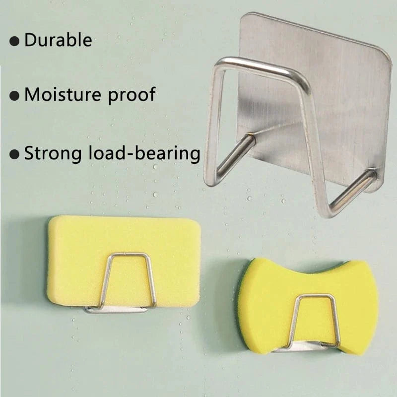 Rostfri svampställ för kök - Vägghängd organiserare för hylla, dräneringskrok, svampstöd