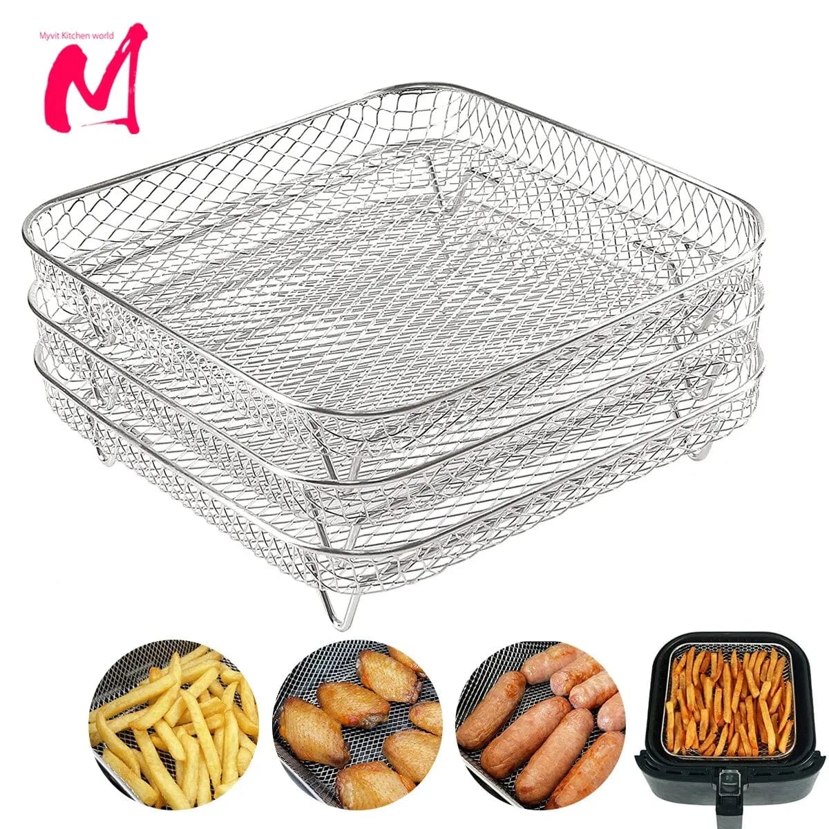 3-lagers rostfria stålkör för Air Fryer silver 3 st
