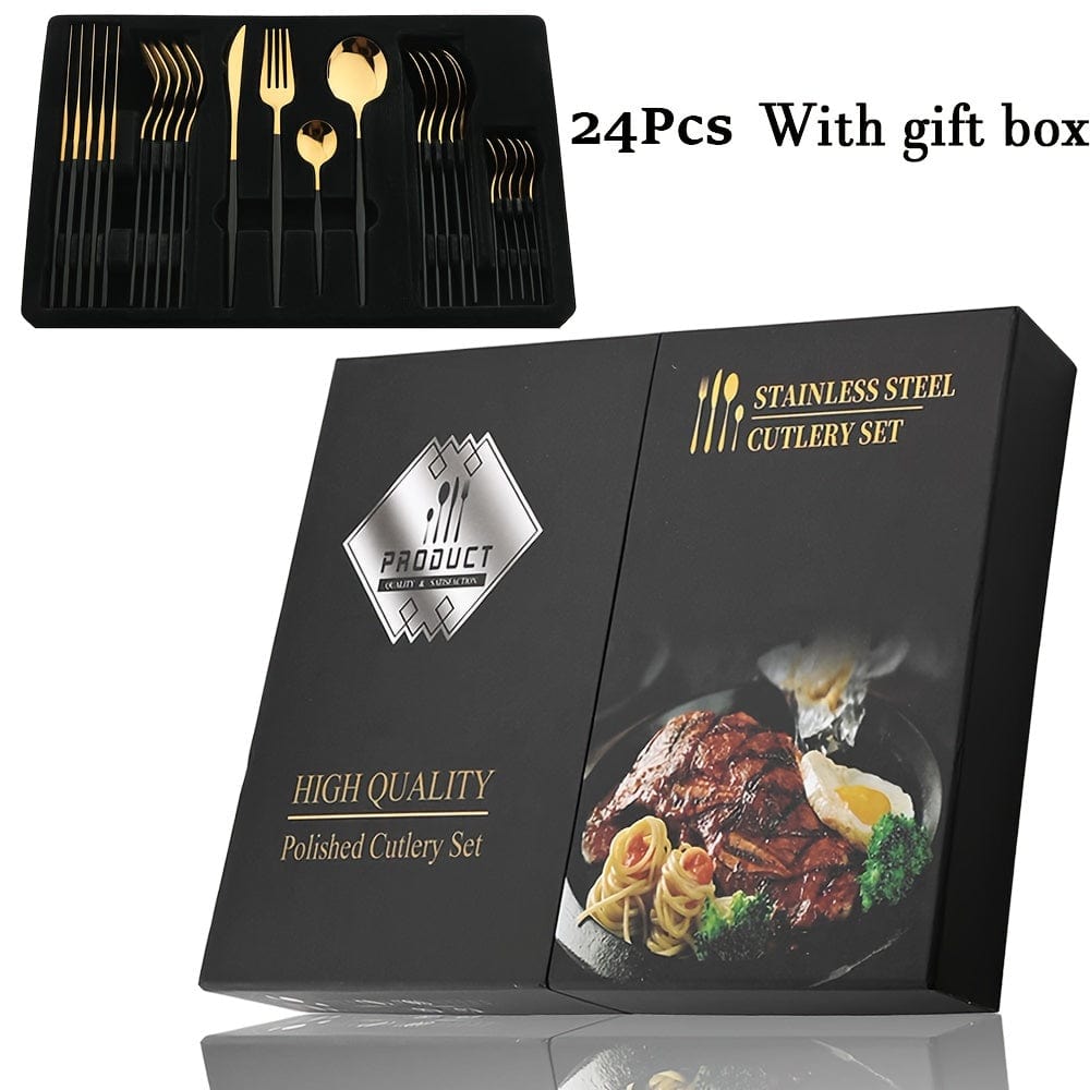 Set med guld-bestick med svart handtag - Rostfritt stål 24 delar - VF20943 Svart Guld 24Pcs Box