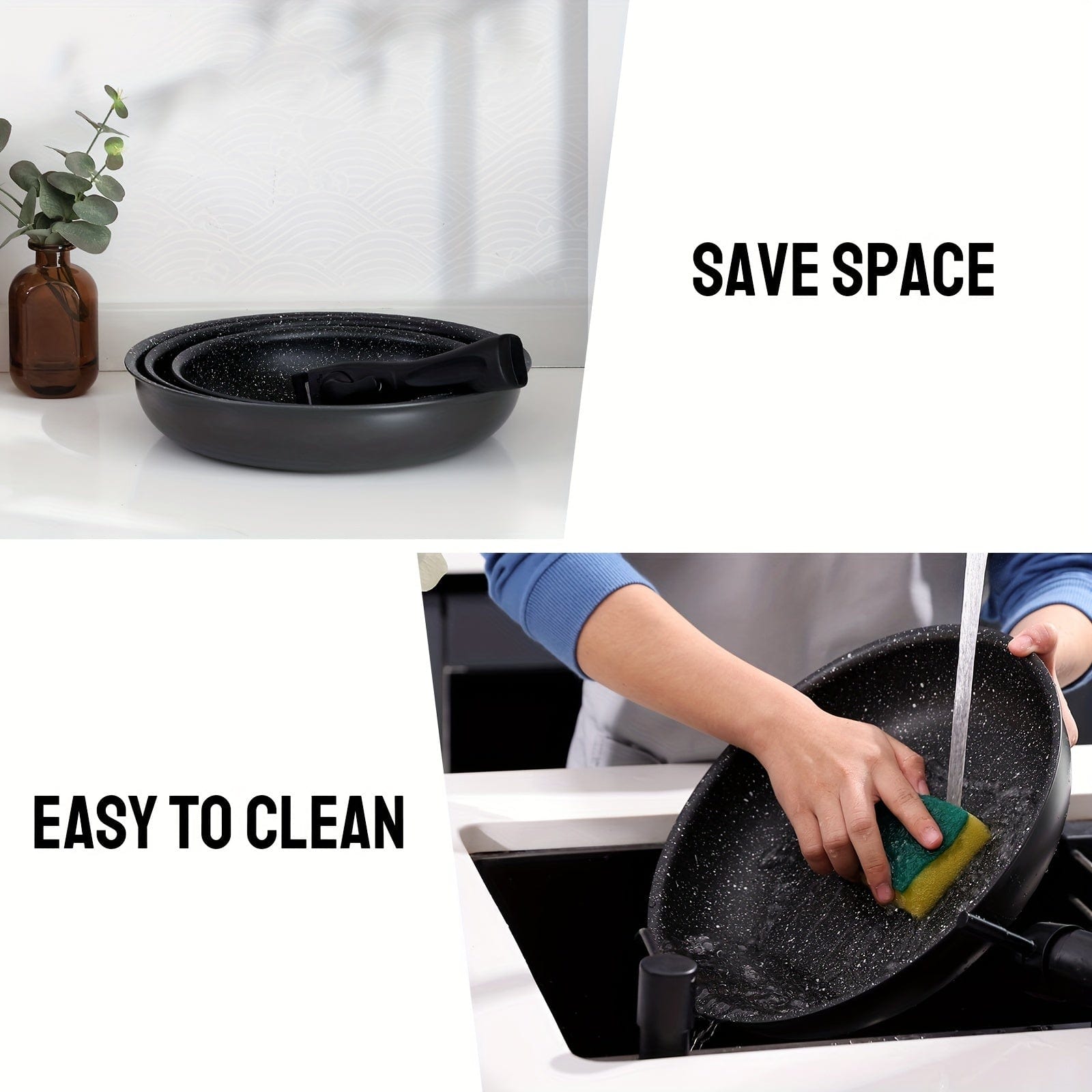 Set av avtagbara non-stick stekpannor | 3 storlekar | Passar alla spisar | Aluminium | Svart