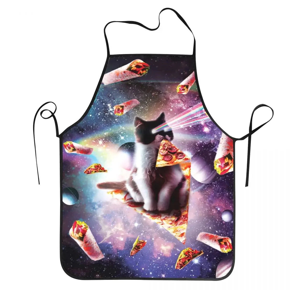 Unisex Space Pizza Cat Meme Bib Förkläde Kock Kök För Matlagning Kök Rolig Djur Bakning (mönstret på förklädet visar en katt som sitter på en pizza i rymden. Ko katten håller en glass i sin hand)