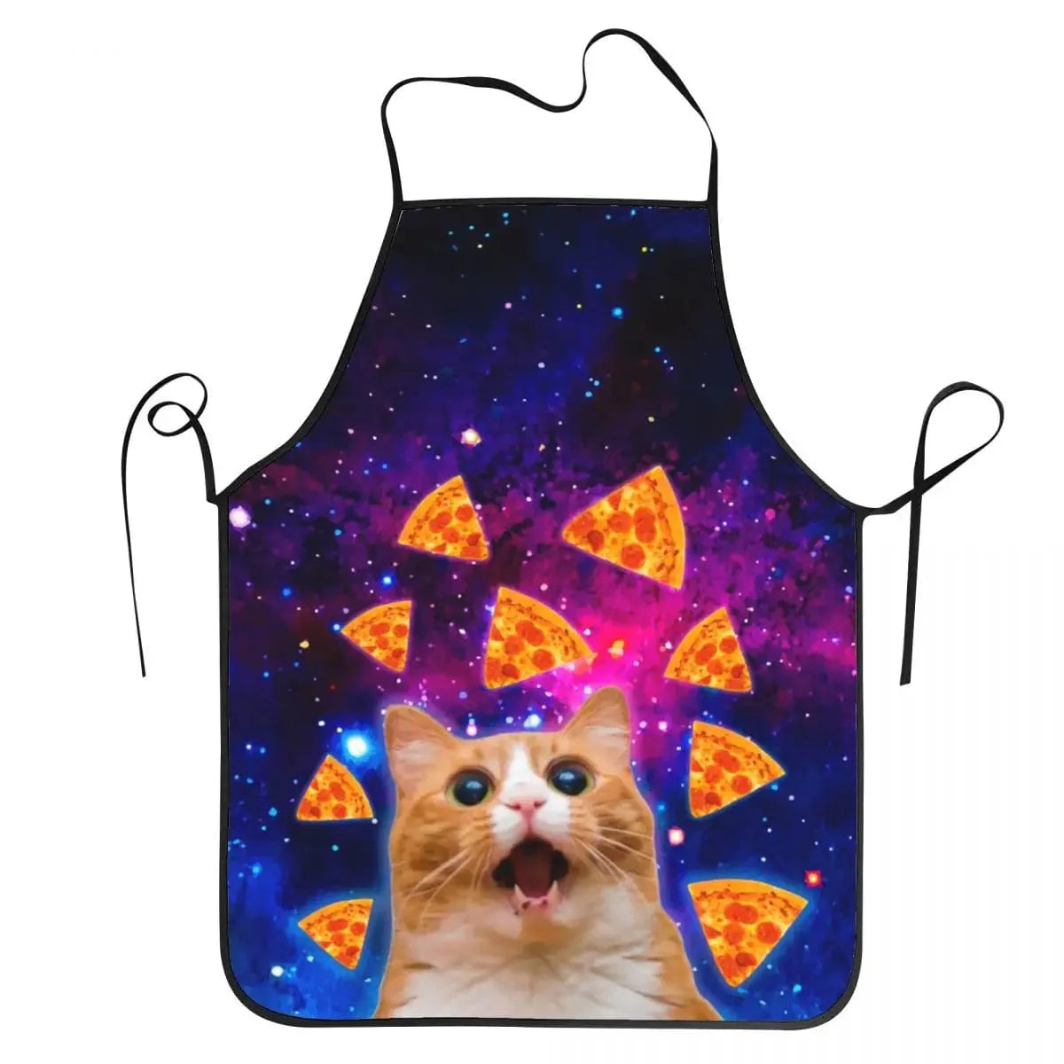 Unisex Space Pizza Cat Meme Bib Förkläde Kock Kök För Matlagning Kök Rolig Djur Bakning (mönstret på förklädet visar en katt som sitter på en pizza i rymden. Ko katten håller en glass i sin hand)