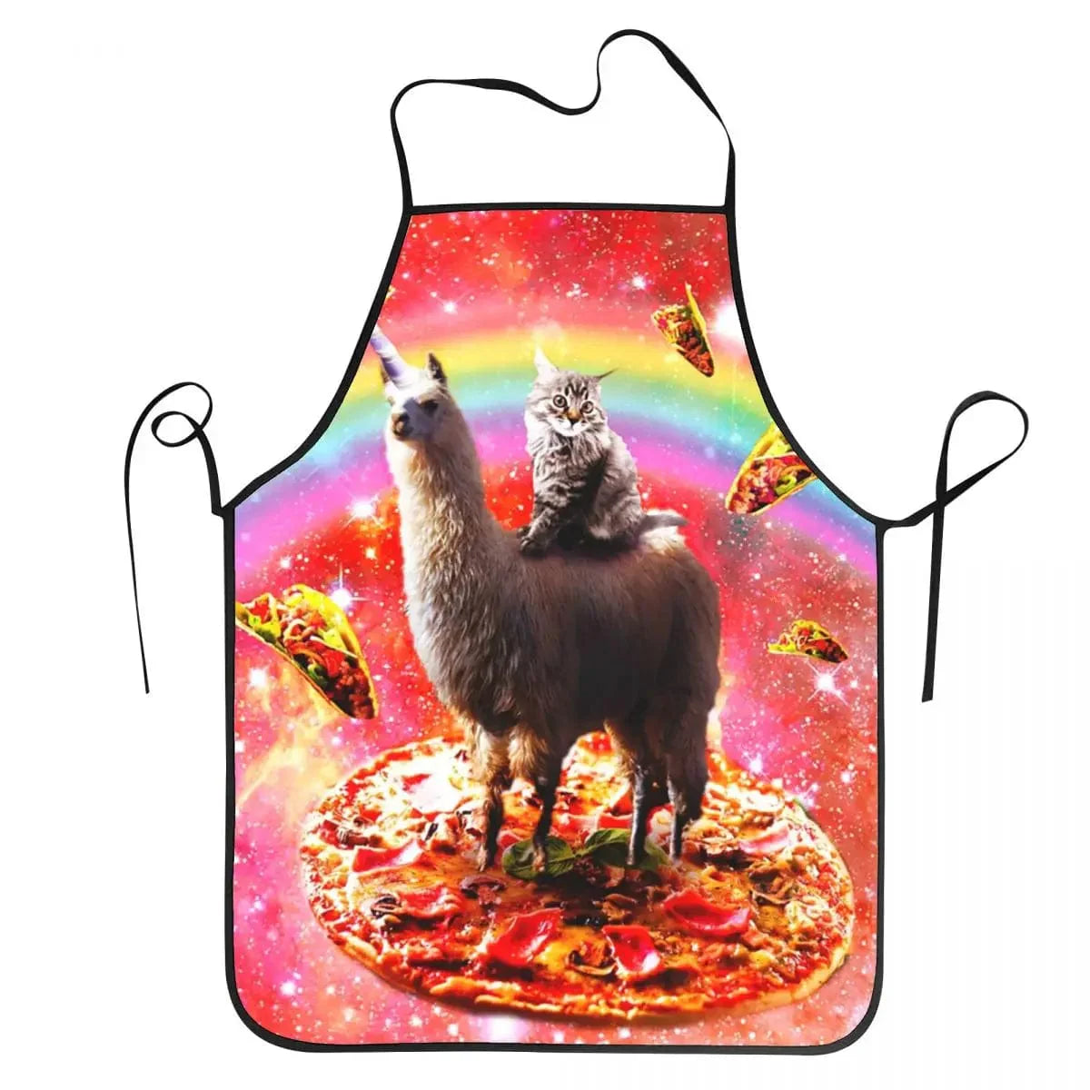 Unisex Space Pizza Cat Meme Bib Förkläde Kock Kök För Matlagning Kök Rolig Djur Bakning (mönstret på förklädet visar en katt som sitter på en pizza i rymden. Ko katten håller en glass i sin hand)