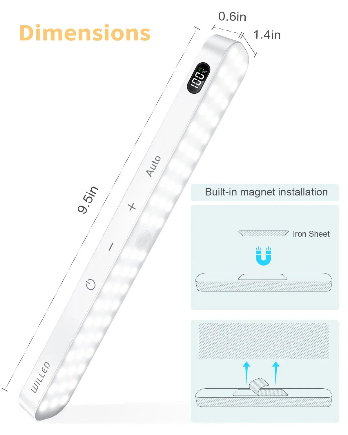 WILLED Rörelsesensor Skåpbelysning Batteri Display 60 LED Touch Light Bar Trådlös Uppladdningsbar Batteri Nattljus
