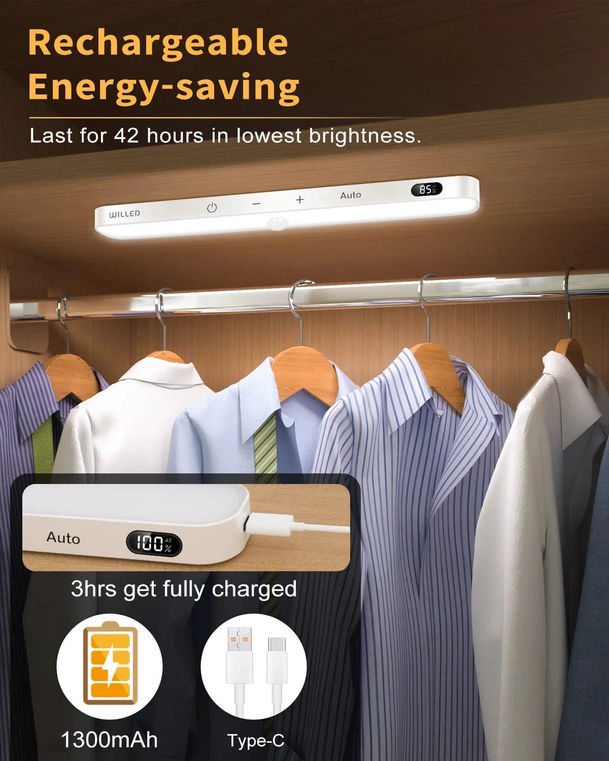 WILLED Rörelsesensor Skåpbelysning Batteridisplay 60 LED Tryckljusbar Trådlös Uppladdningsbar Batterinattlampa Skåpbelysning 2ST