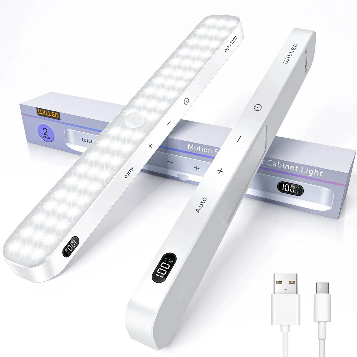 WILLED Rörelsesensor Skåpbelysning Batteridisplay 60 LED Tryckljusbar Trådlös Uppladdningsbar Batterinattlampa Skåpbelysning 2ST
