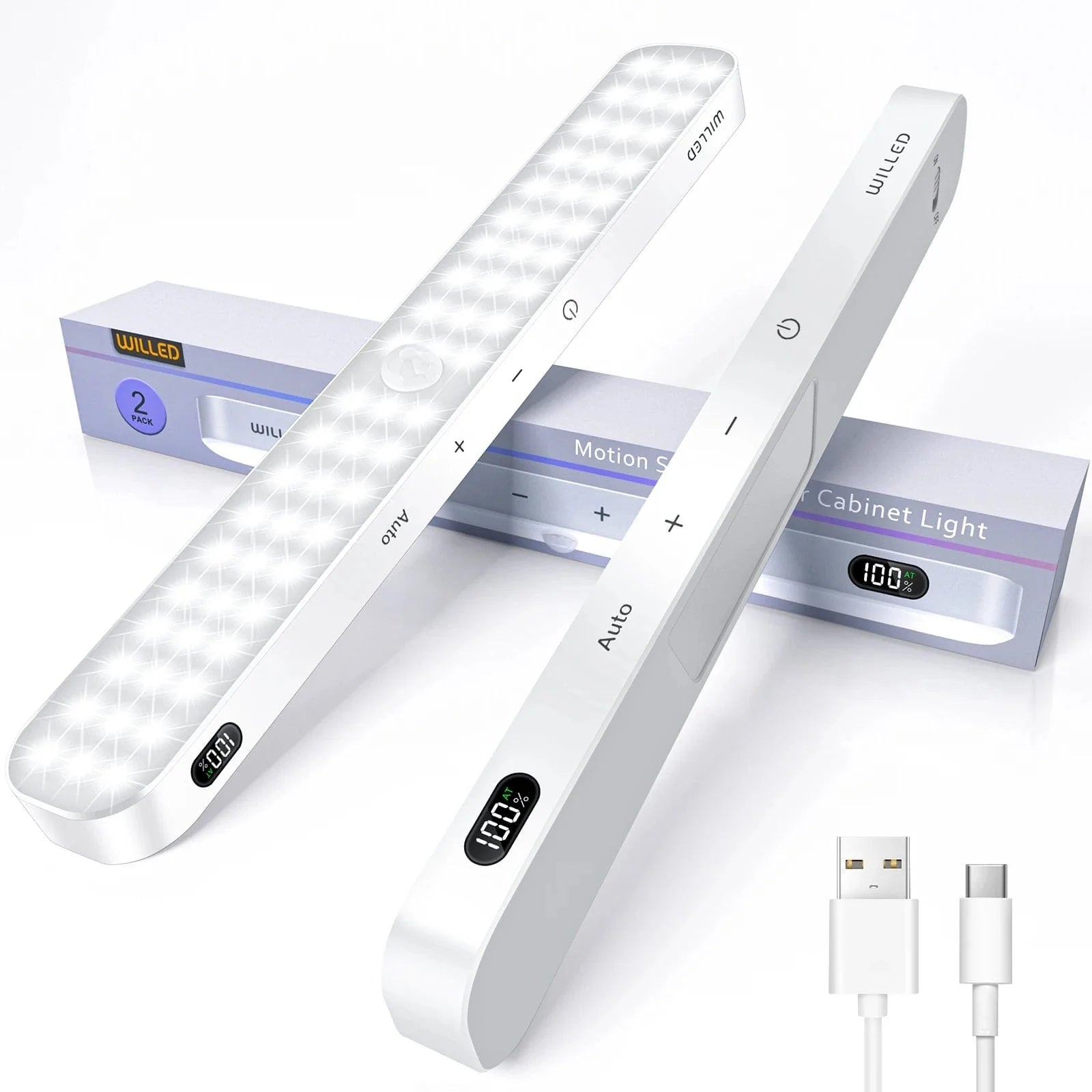 WILLED Rörelsesensor Skåpbelysning Batteridisplay 60 LED Tryckljusbar Trådlös Uppladdningsbar Batterinattlampa Skåpbelysning 2ST